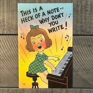 Vintage Retro Postcard Greeting with Girl and Piano